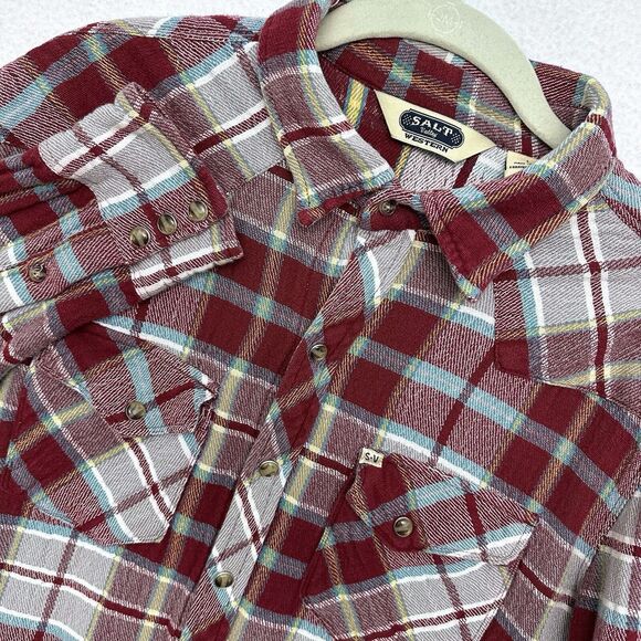 Salt Valley Tops - Salt Valley Shirt Western Womens M/L Plaid Red Pearl Snap Cowgirl Rodeo Fall
